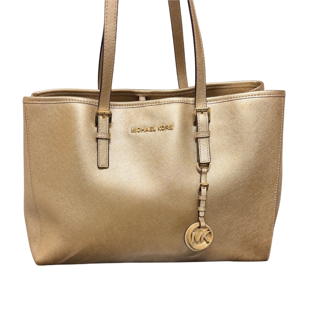 Michael Kors Tote Bag Womens Large Jet Set Gold Saffiano Leather Metallic EUC